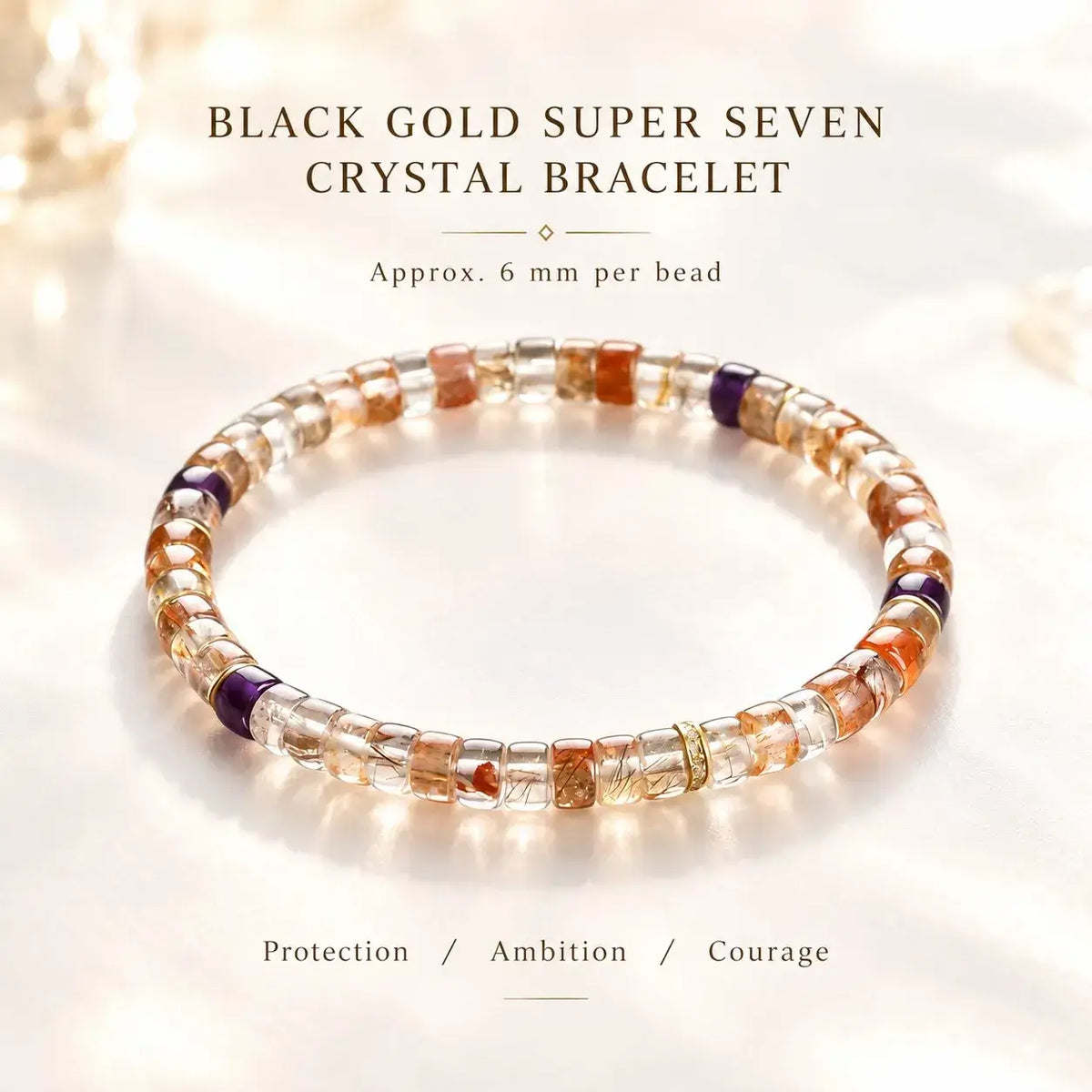 Black Gold crystal bracelet with 6 mm beads, warm inclusions and purple accents