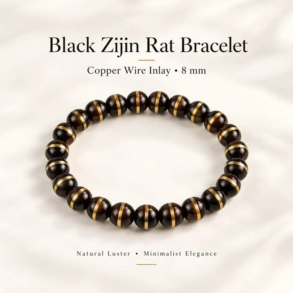 Natural black Zijinshu copper-line bracelet with 8 mm dark seed beads and warm metallic bands