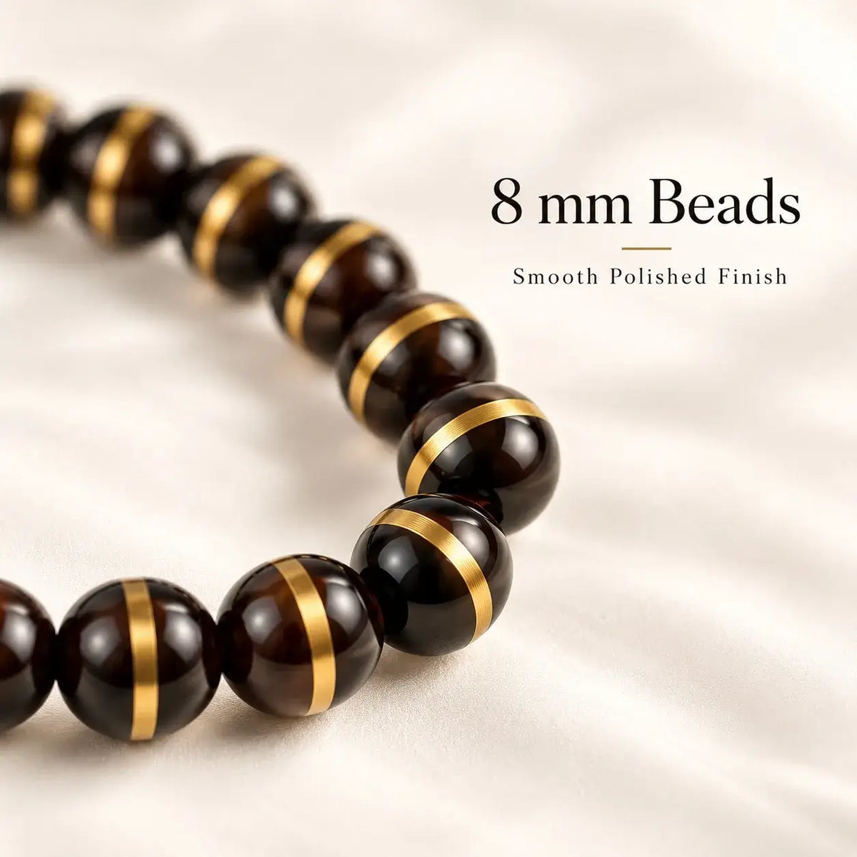 Detail of 8 mm glossy dark Zijinshu seed beads and copper lines