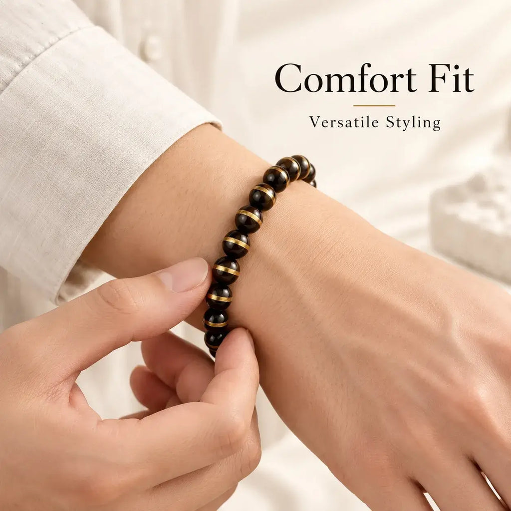 Dark Zijinshu bracelet with repeated copper line accents shown on the wrist