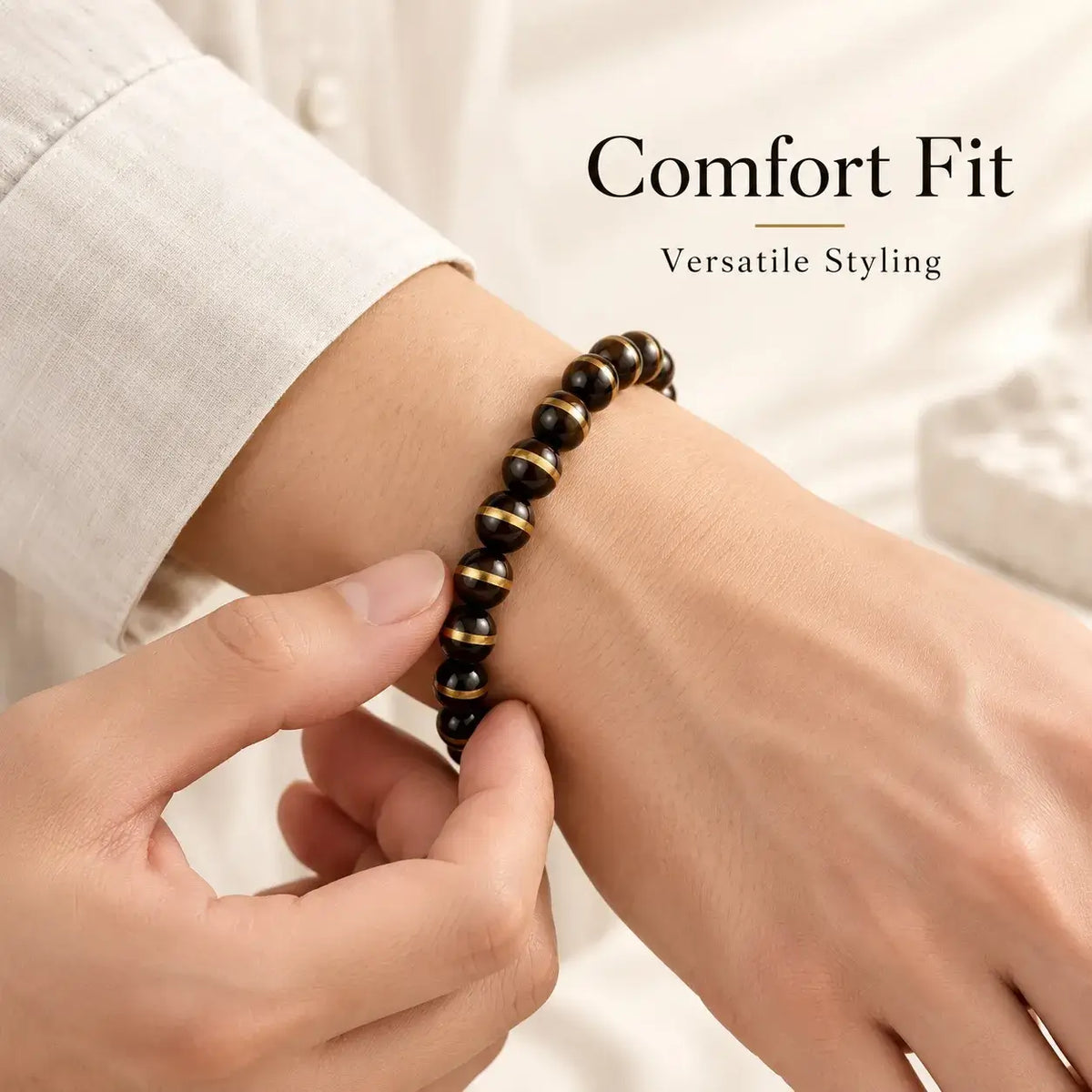 Dark Zijinshu bracelet with repeated copper line accents shown on the wrist