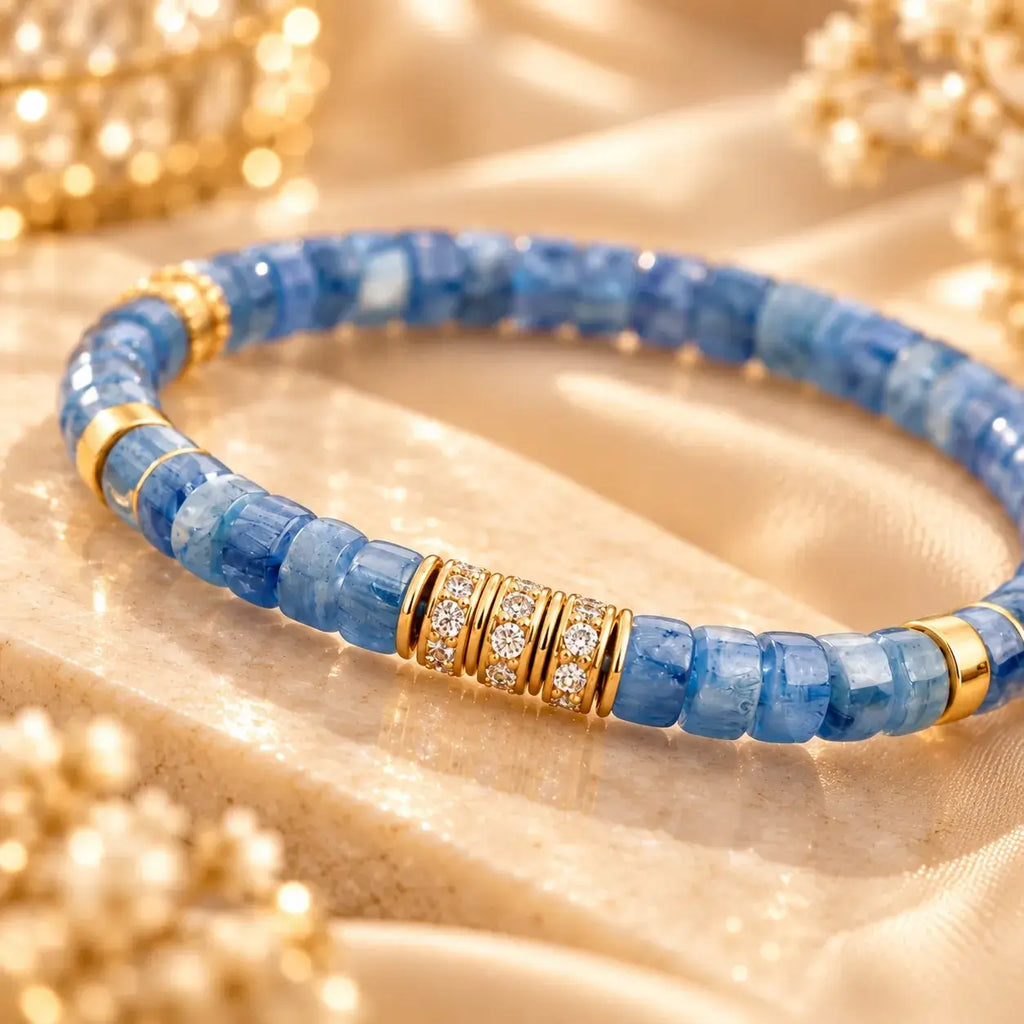 Close-up of 6 mm blue kyanite tablet beads and sparkling decorative spacers