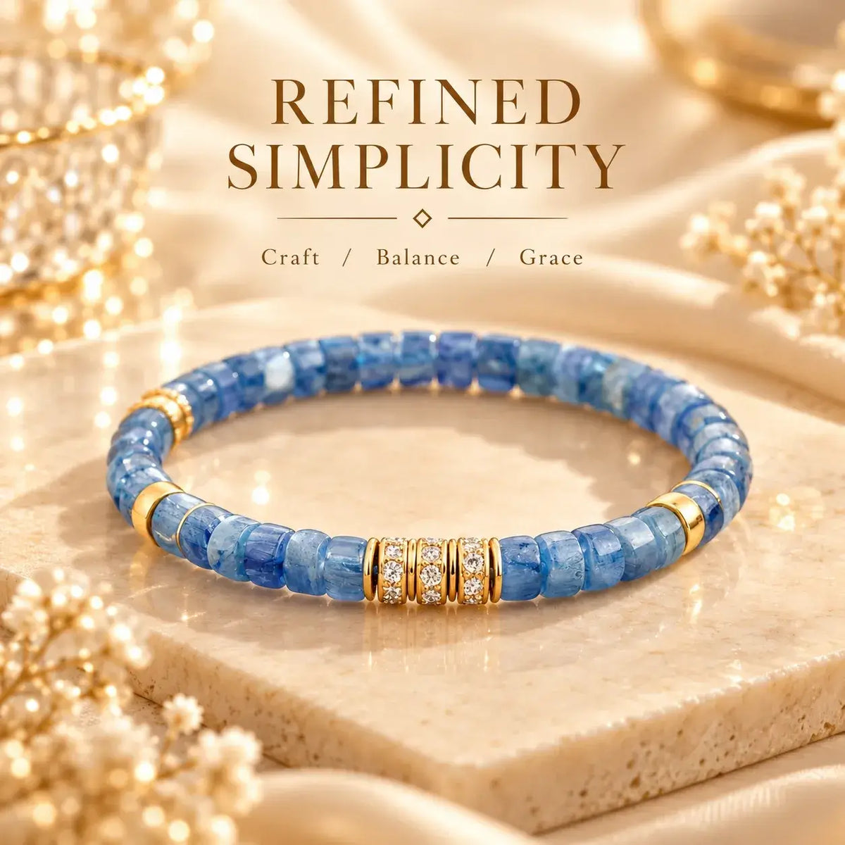 Natural blue kyanite tablet bead bracelet with gold-tone decorative spacers