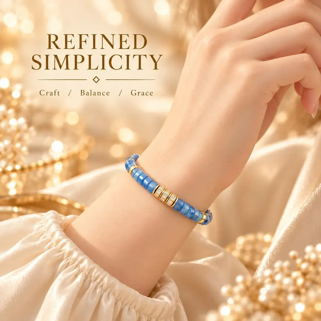 Blue kyanite tablet bead bracelet worn on the wrist
