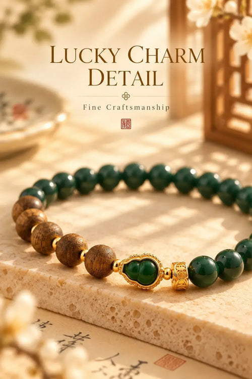 Close-up of agarwood grain and green focal detail in a gold-tone frame