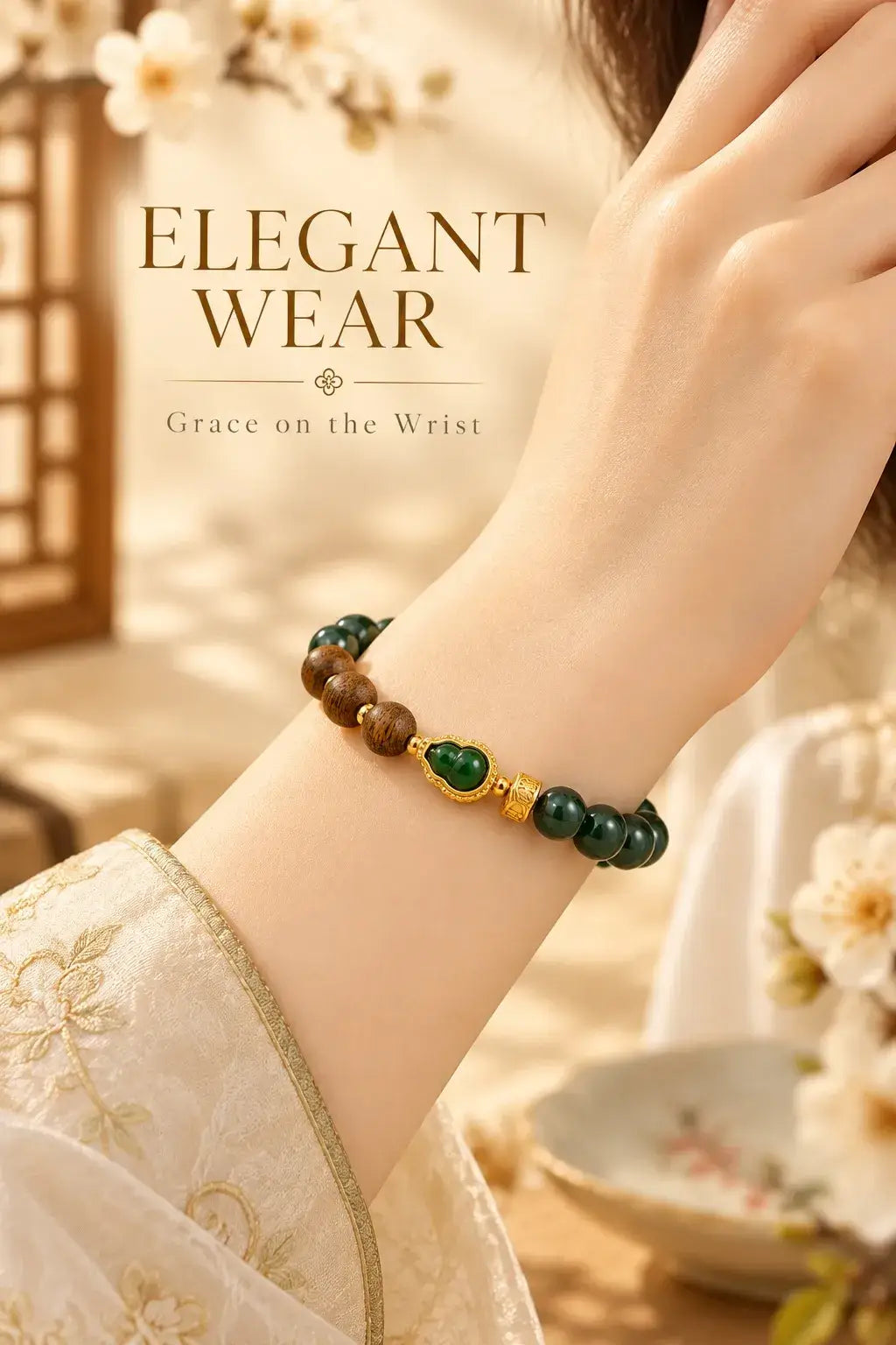 Jadeite and agarwood bracelet worn with a cream sleeve