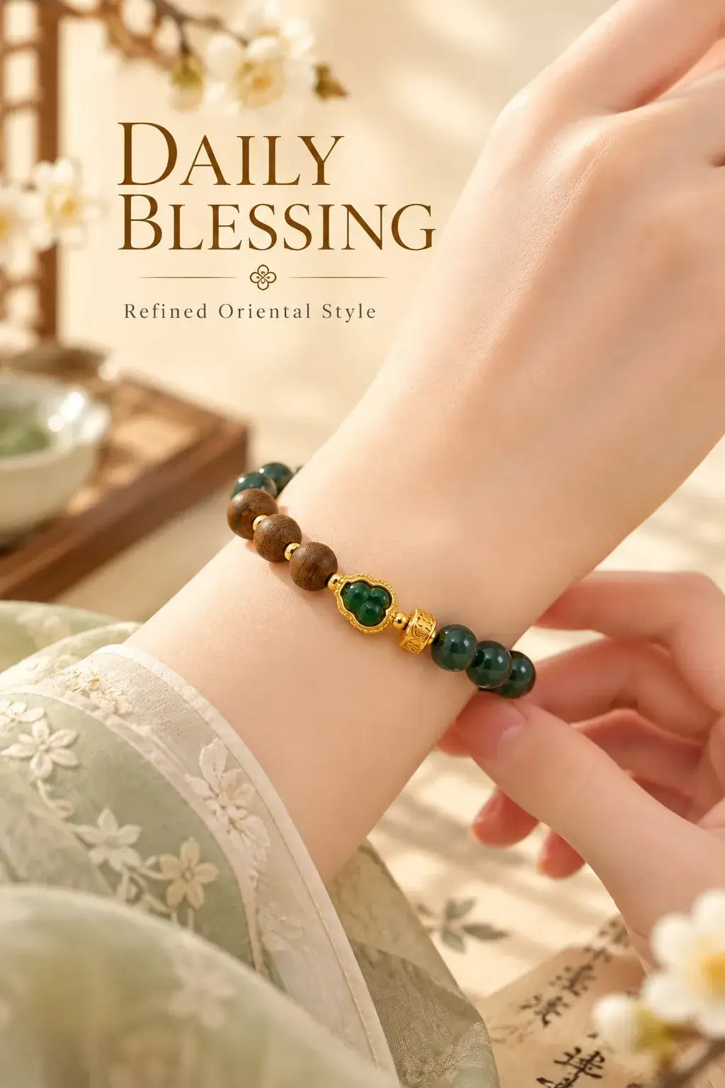 Wrist view of green jadeite beads and brown agarwood