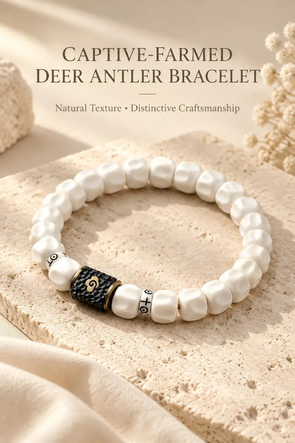 Ivory-colored carved bead bracelet with a black textured centerpiece and antique-gold-tone details