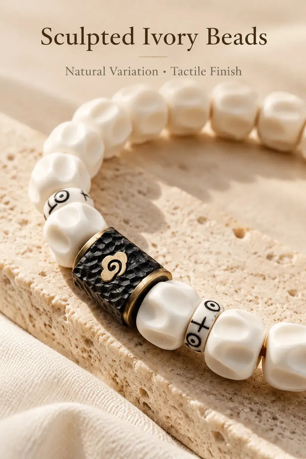 Close-up of softly carved bead surfaces and patterned spacers