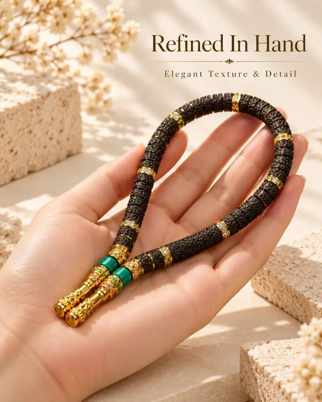 Natural coconut Dragon Scale handheld strand with dark textured 7 × 4 mm beads and paired gold-tone terminal details