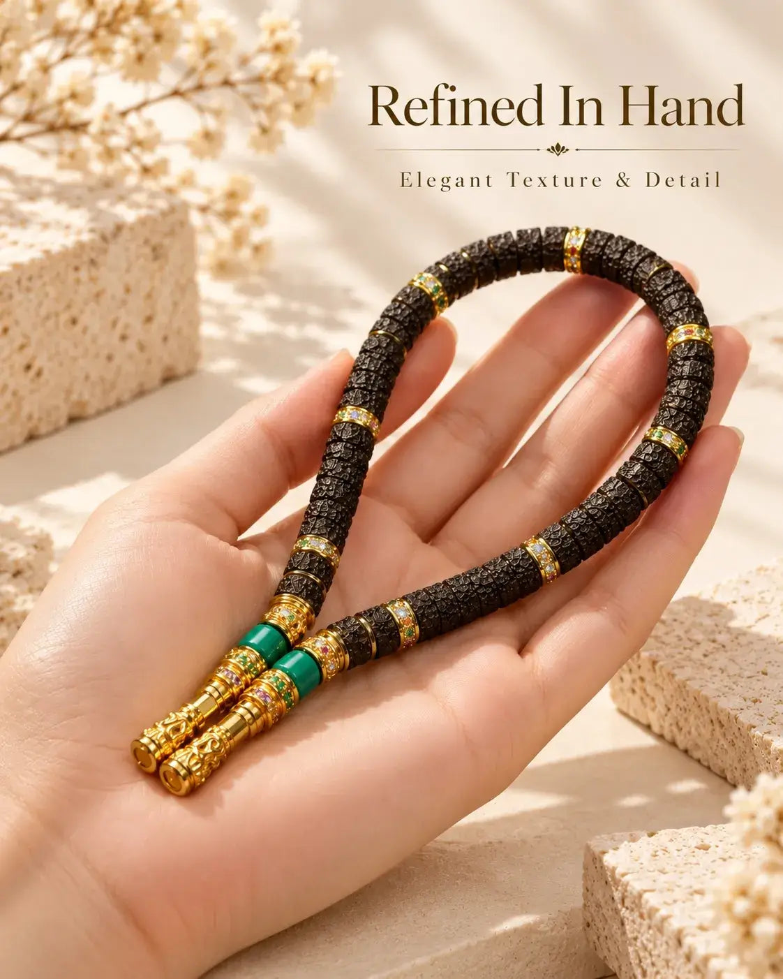 Natural coconut Dragon Scale handheld strand with dark textured 7 × 4 mm beads and paired gold-tone terminal details