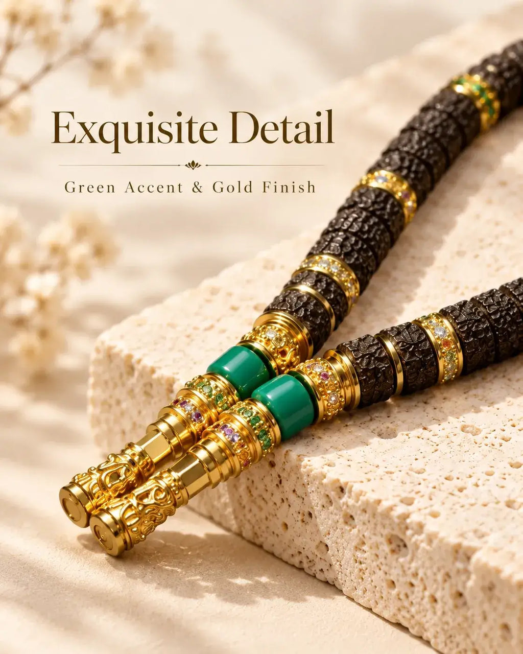Detail of dragon-scale coconut bead texture, green accents and ornate gold-tone fittings