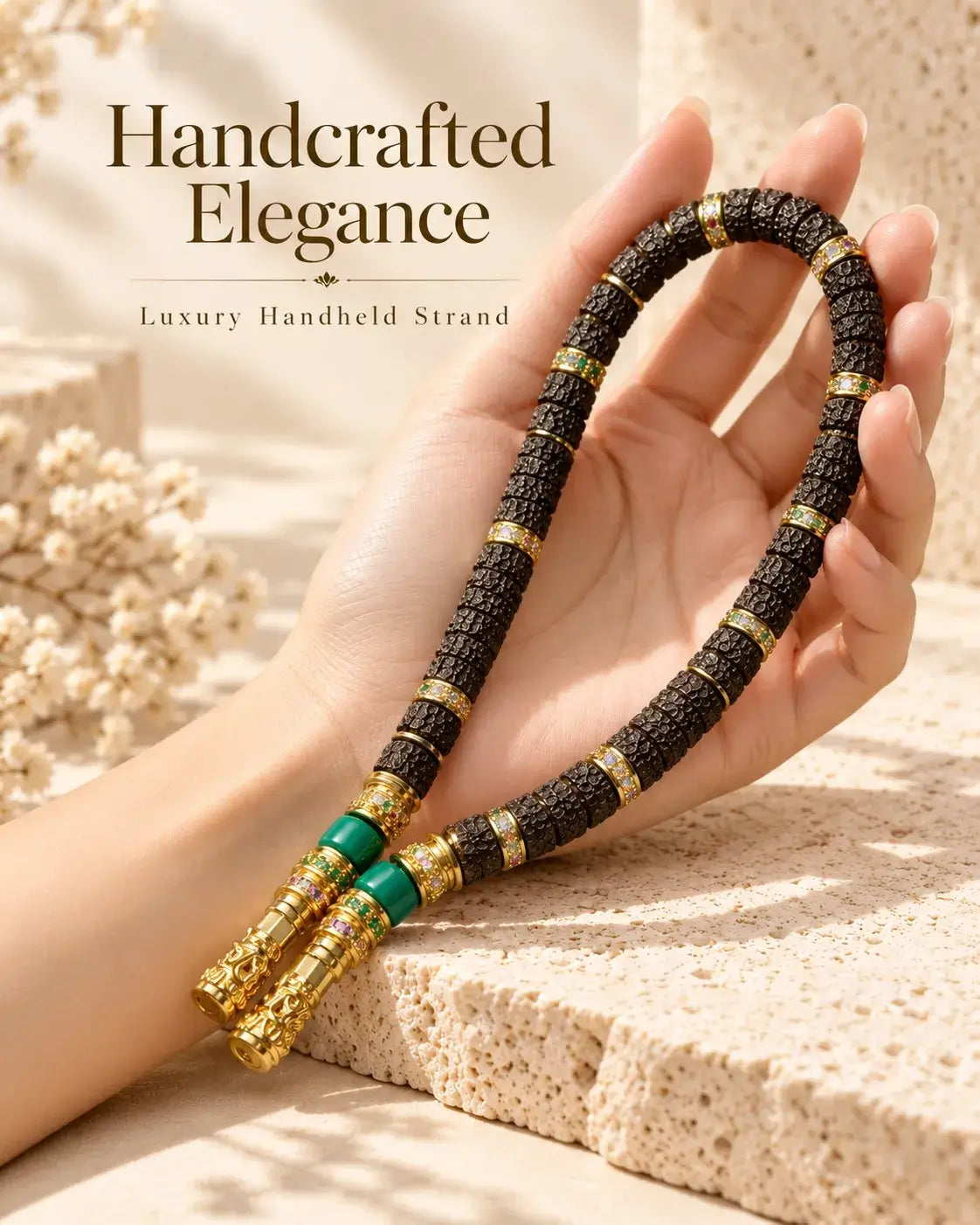 Coconut Dragon Scale handheld beads shown in the hand with green and gold-tone accents