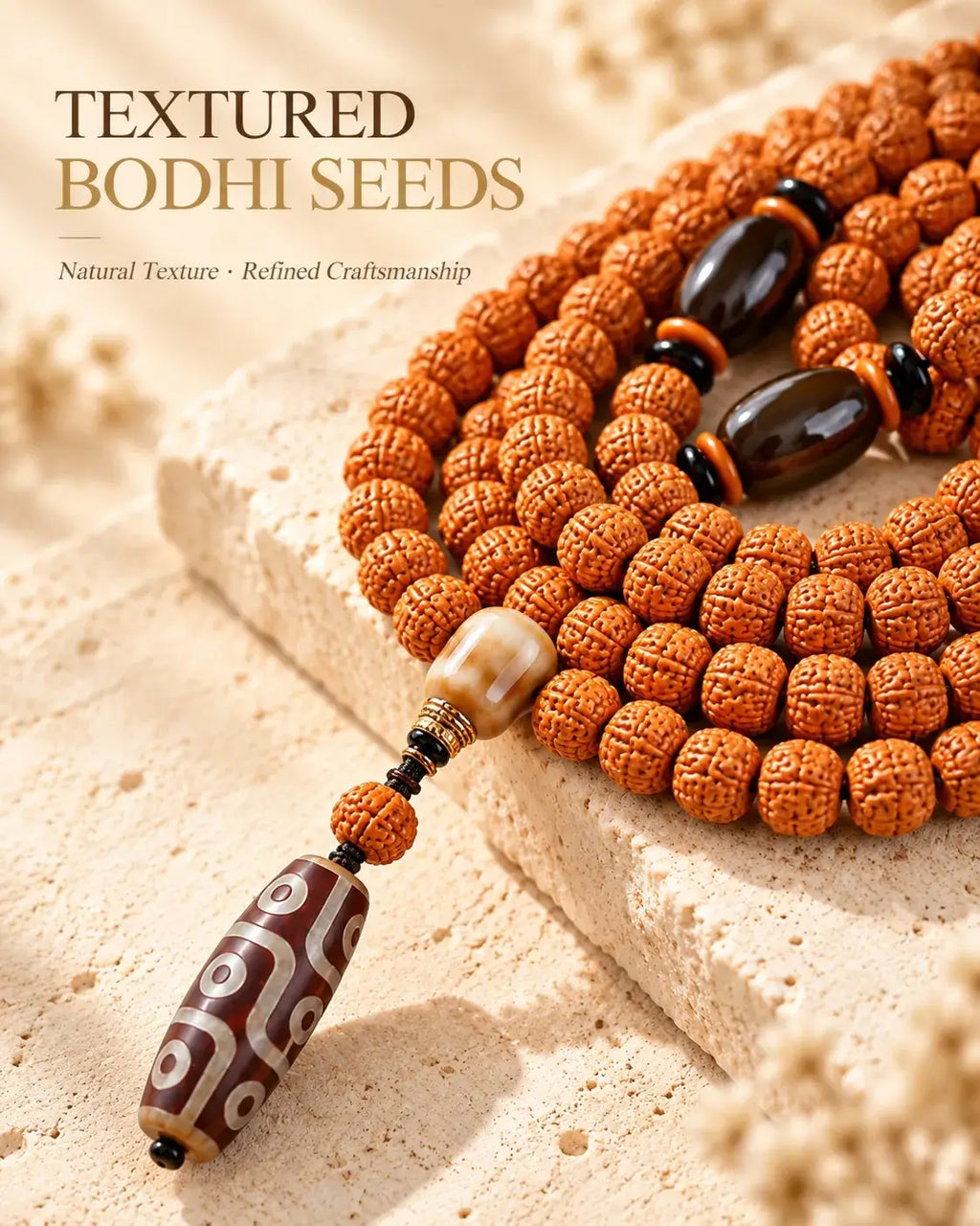 Textured brown bodhi seed beads with dark accent beads