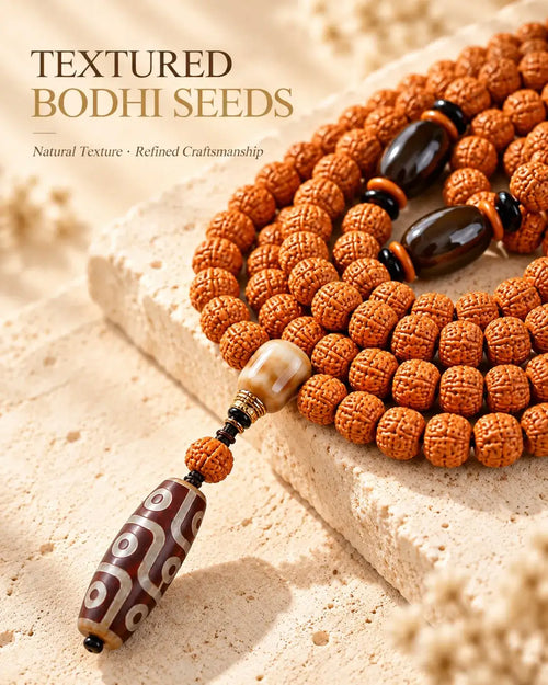 Textured brown bodhi seed beads with dark accent beads