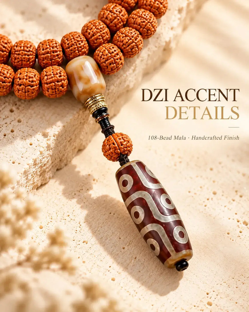 Close-up of the Dzi bead pendant with pale circular patterns