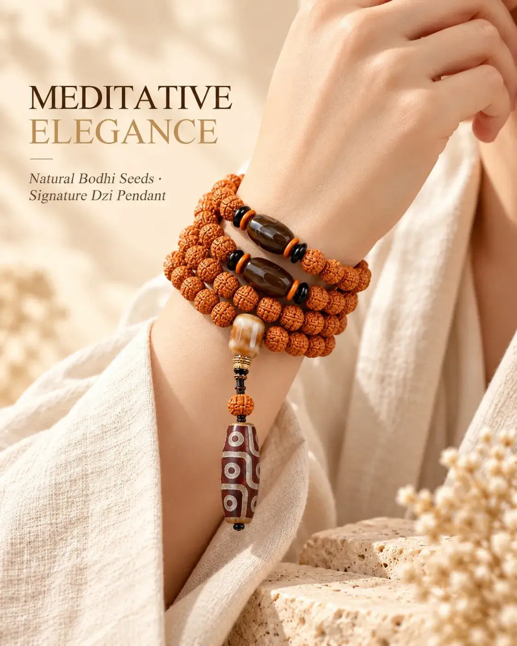 108 bodhi seed mala wrapped around the wrist