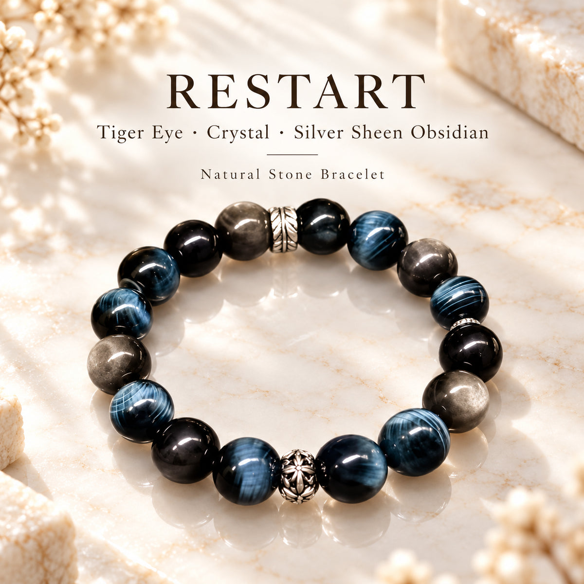 Tiger eye and silver sheen obsidian bracelet with crystal accents and silver spacers