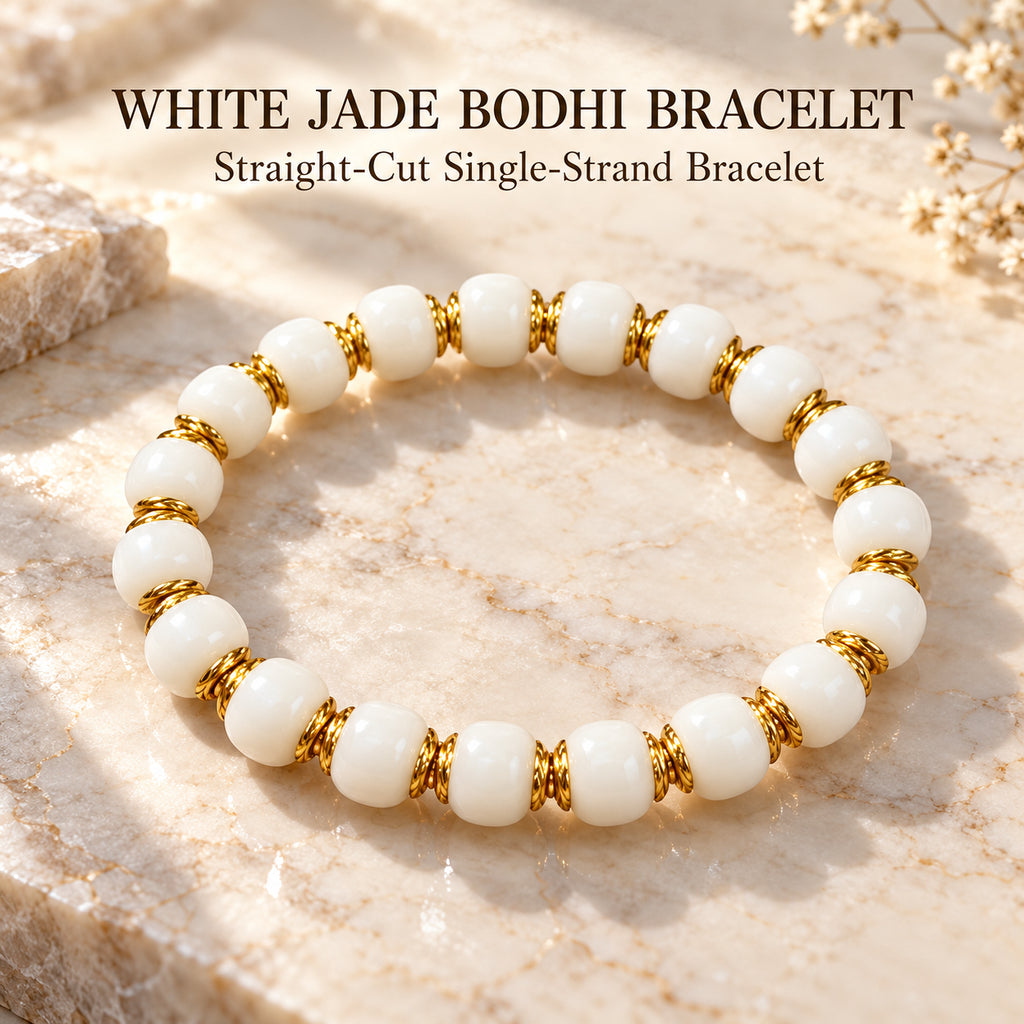 White jade bodhi seed bracelet with rounded ivory beads and gold-tone copper spacers
