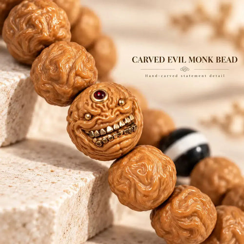 Evil Monk Houtou Walnut & Dzi Agate Bracelet - close-up detail