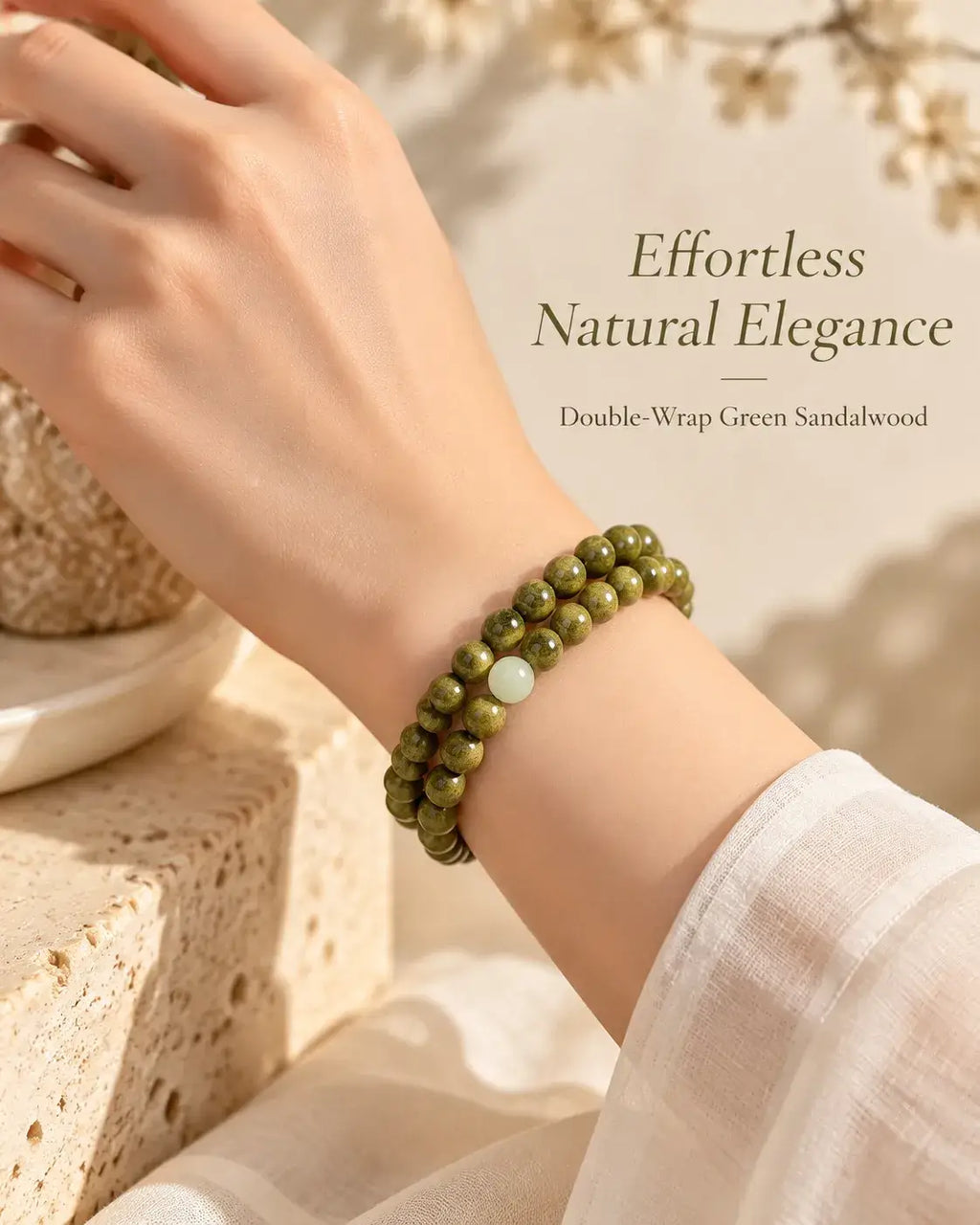 Natural green sandalwood double-wrap bracelet shown on the wrist