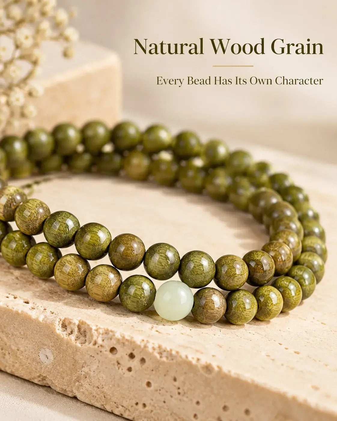 Close-up of olive-green and golden-brown wood grain in a double-wrap bracelet