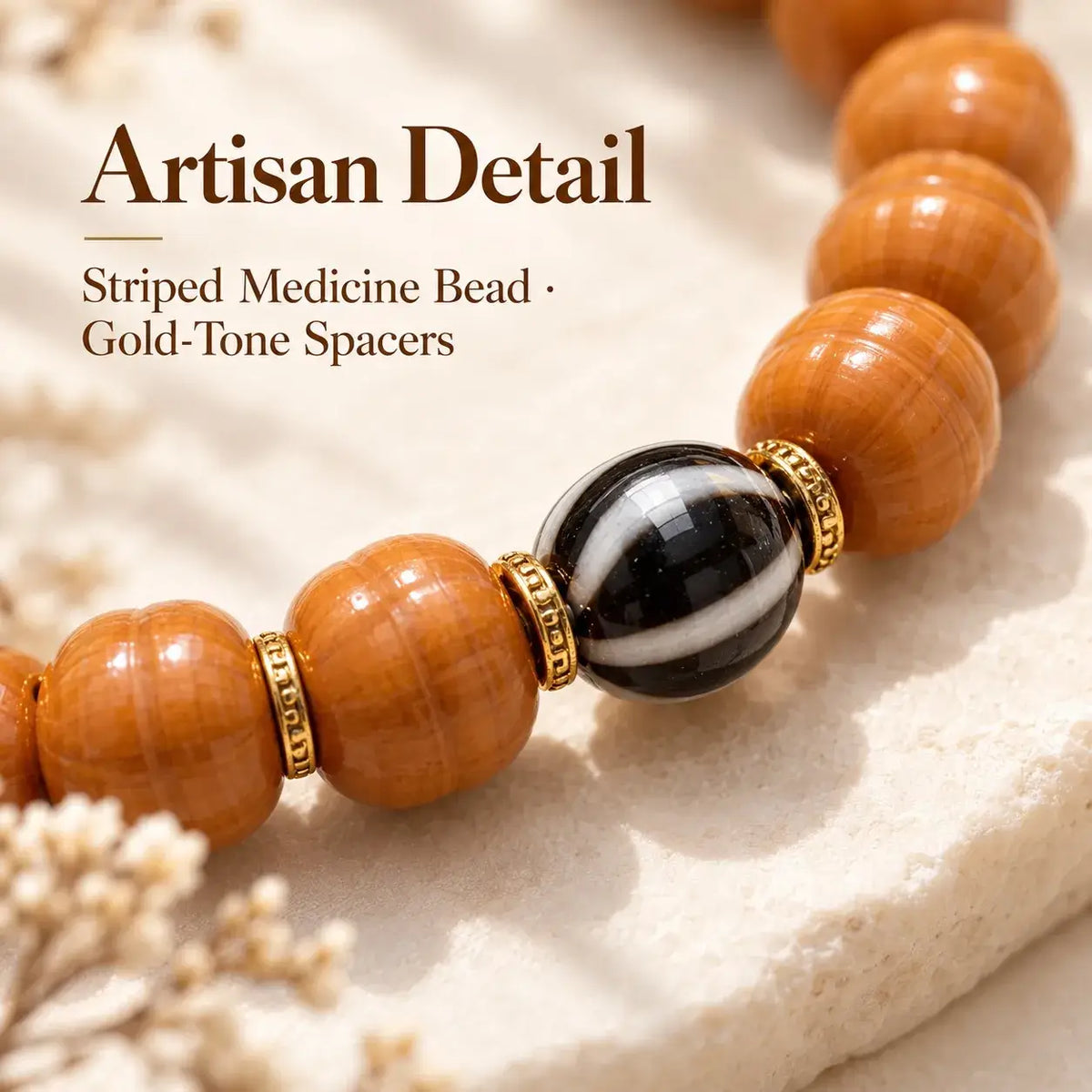 Houtou Walnut & Dzi Tassel Bracelet - close-up detail