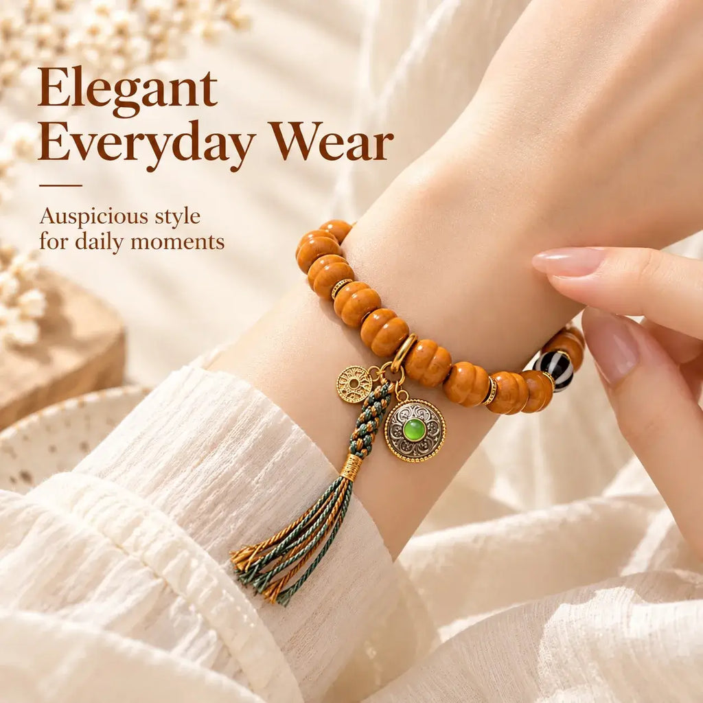 Houtou Walnut & Dzi Tassel Bracelet - wrist styling