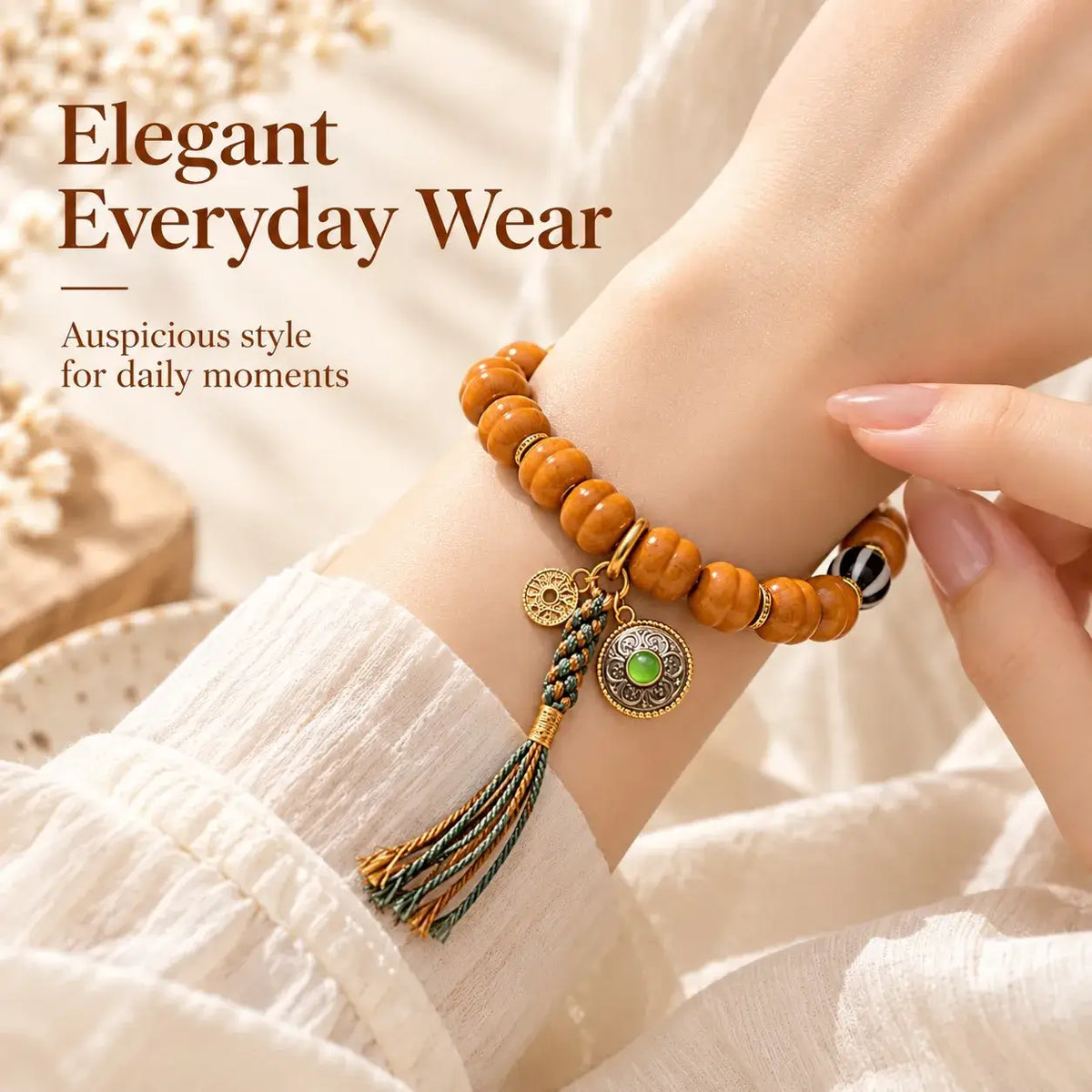 Houtou Walnut & Dzi Tassel Bracelet - wrist styling