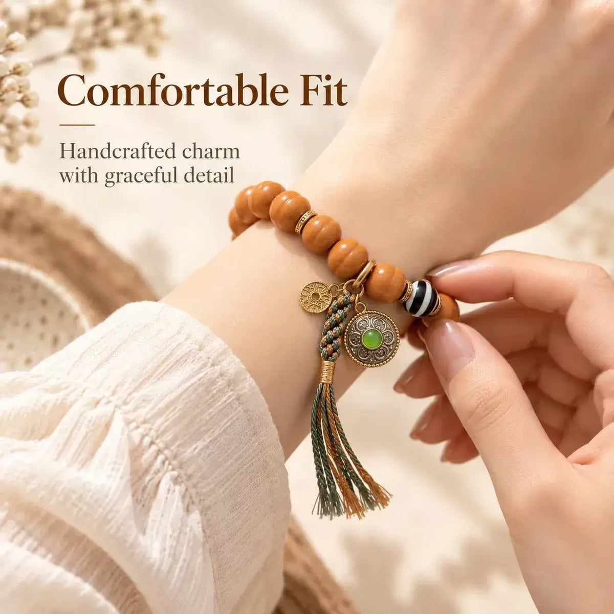 Houtou Walnut & Dzi Tassel Bracelet - additional detail