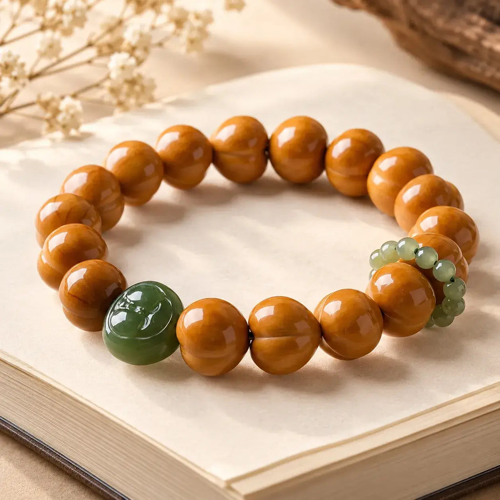 Houtou Walnut & Hetian Jade Peach Character Bracelet - main view