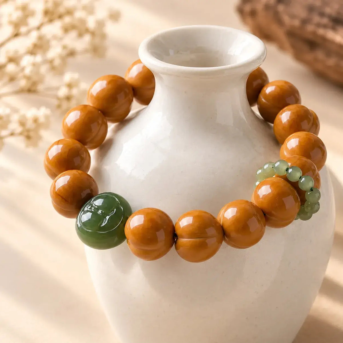 Houtou Walnut & Hetian Jade Peach Character Bracelet - bead arrangement