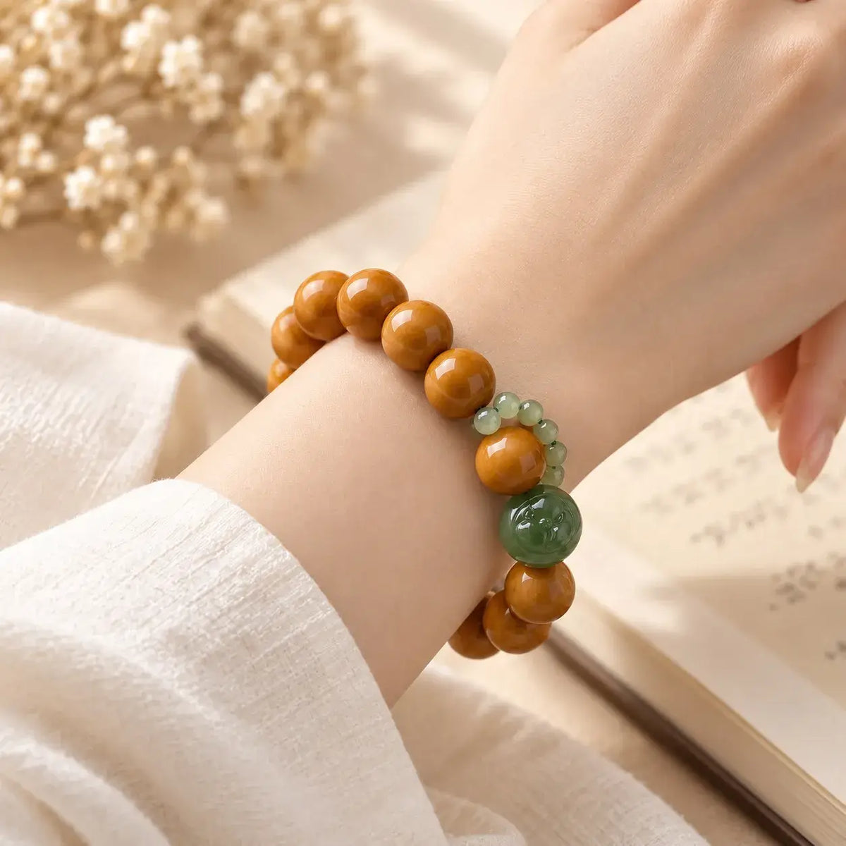 Houtou Walnut & Hetian Jade Peach Character Bracelet - wrist styling