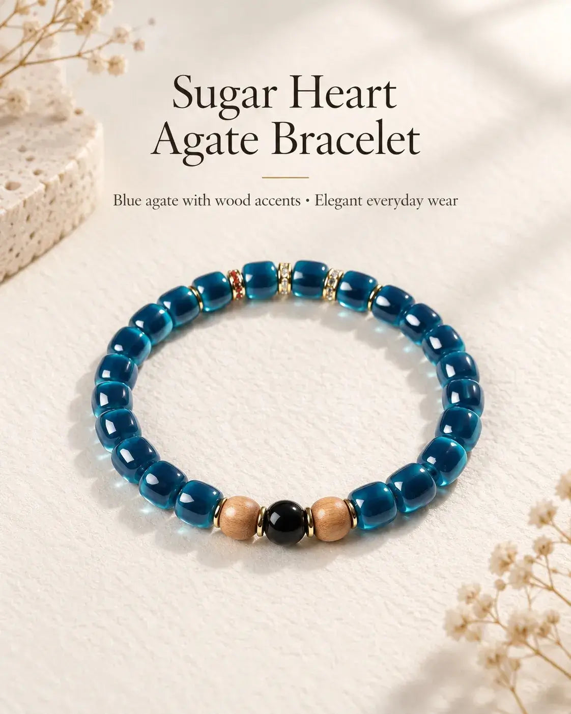 Blue Sugar Heart agate and Laoshan sandalwood bracelet with black and gold-tone accents