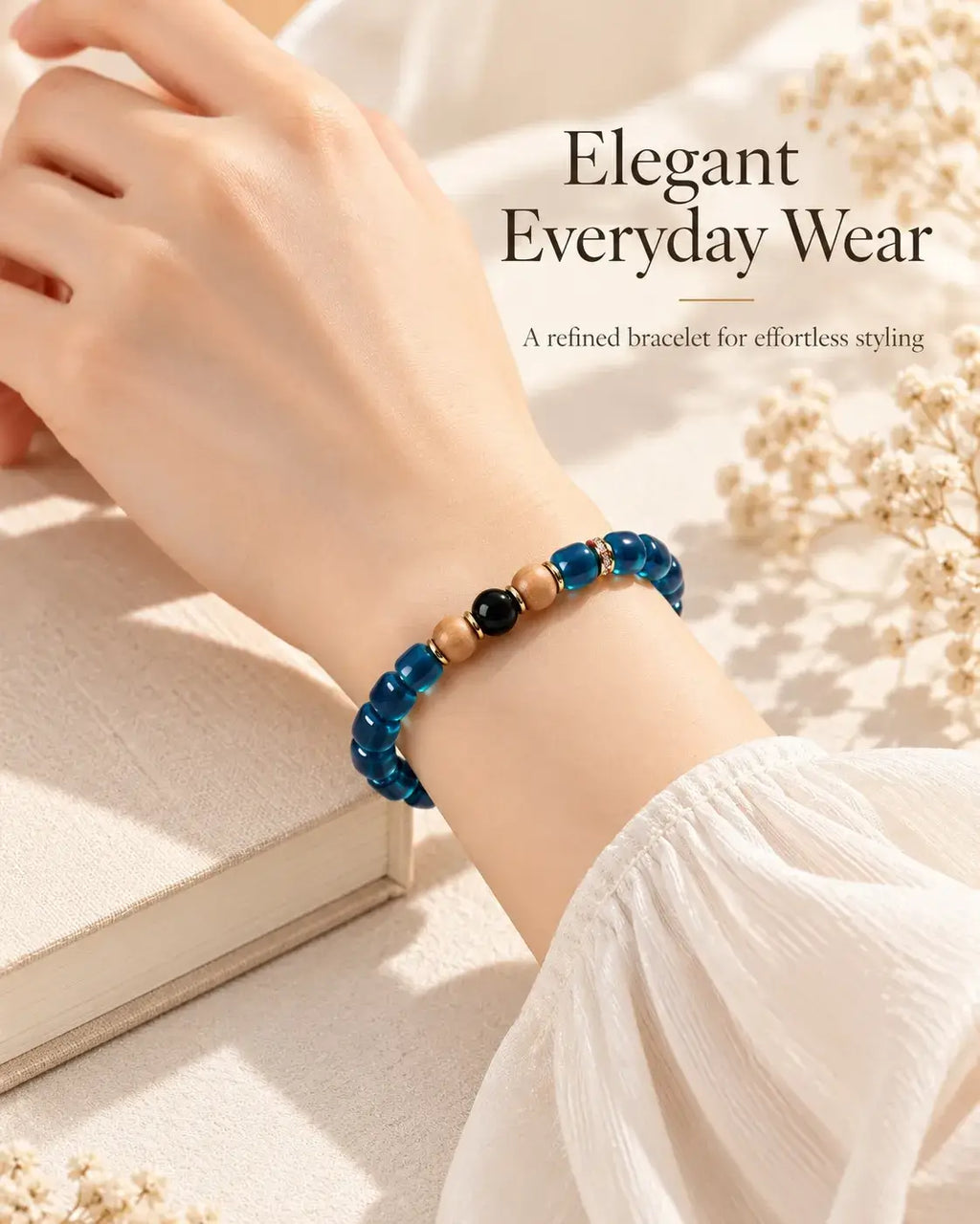 Blue agate and sandalwood bracelet worn on the wrist with a light sleeve