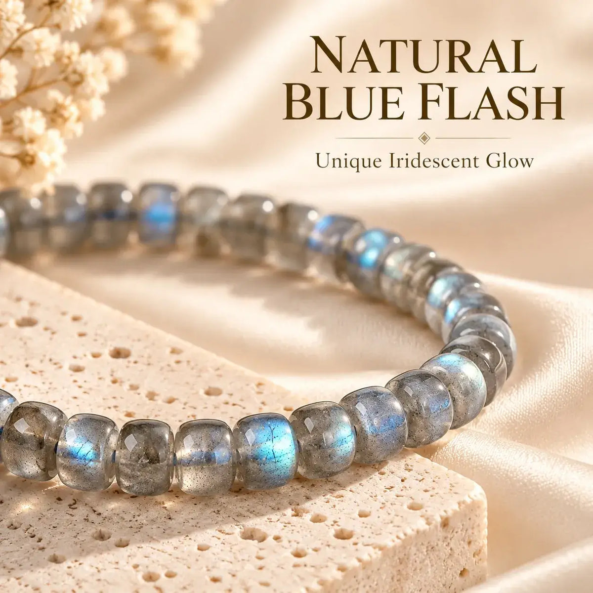 Close-up of gray beads with blue reflections