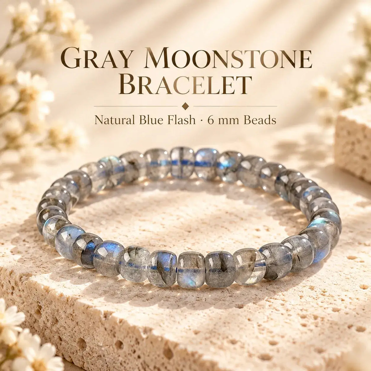 Full view of the natural moonstone bracelet with approximately 6 mm beads
