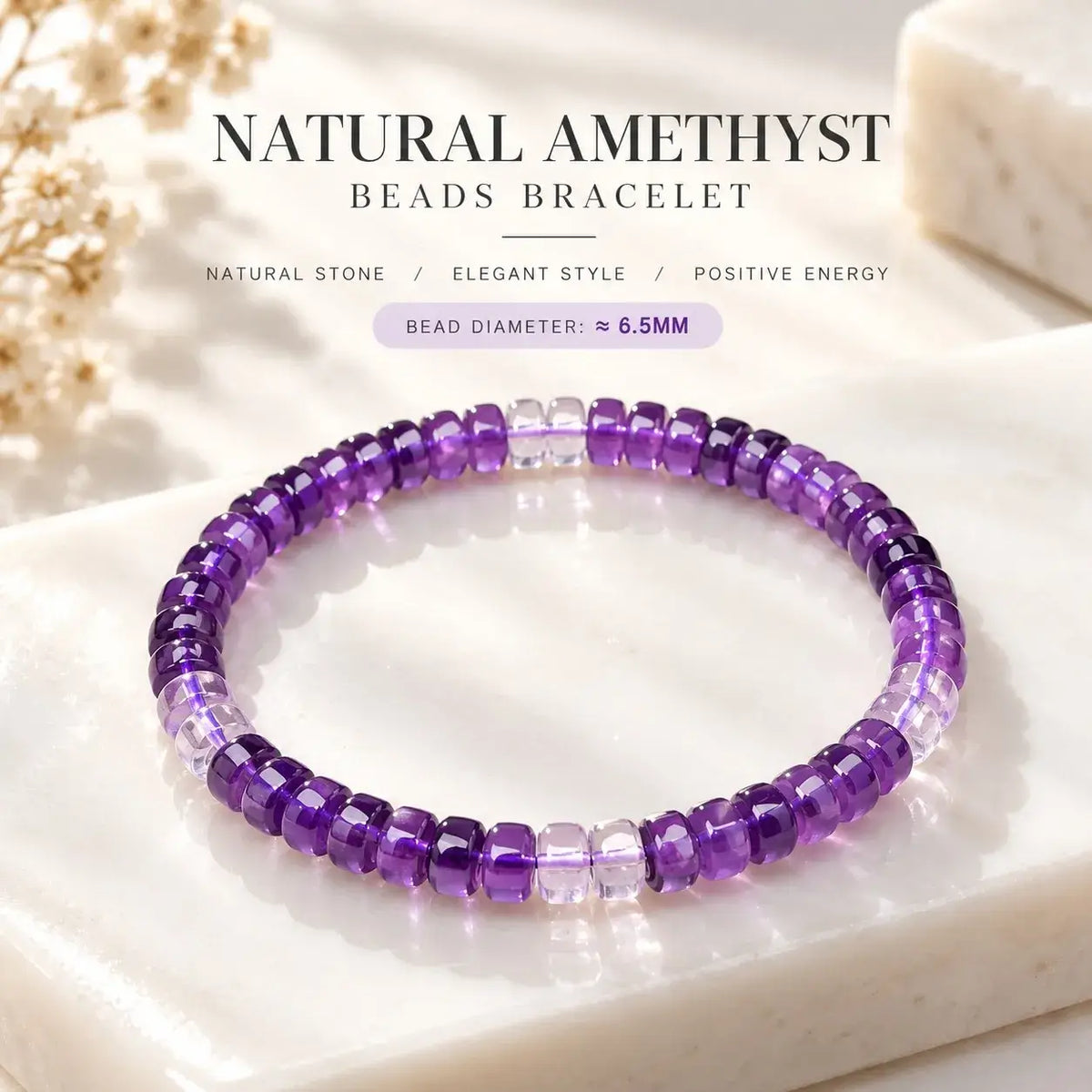 Handmade flat-cut natural amethyst bracelet with graduated purple beads