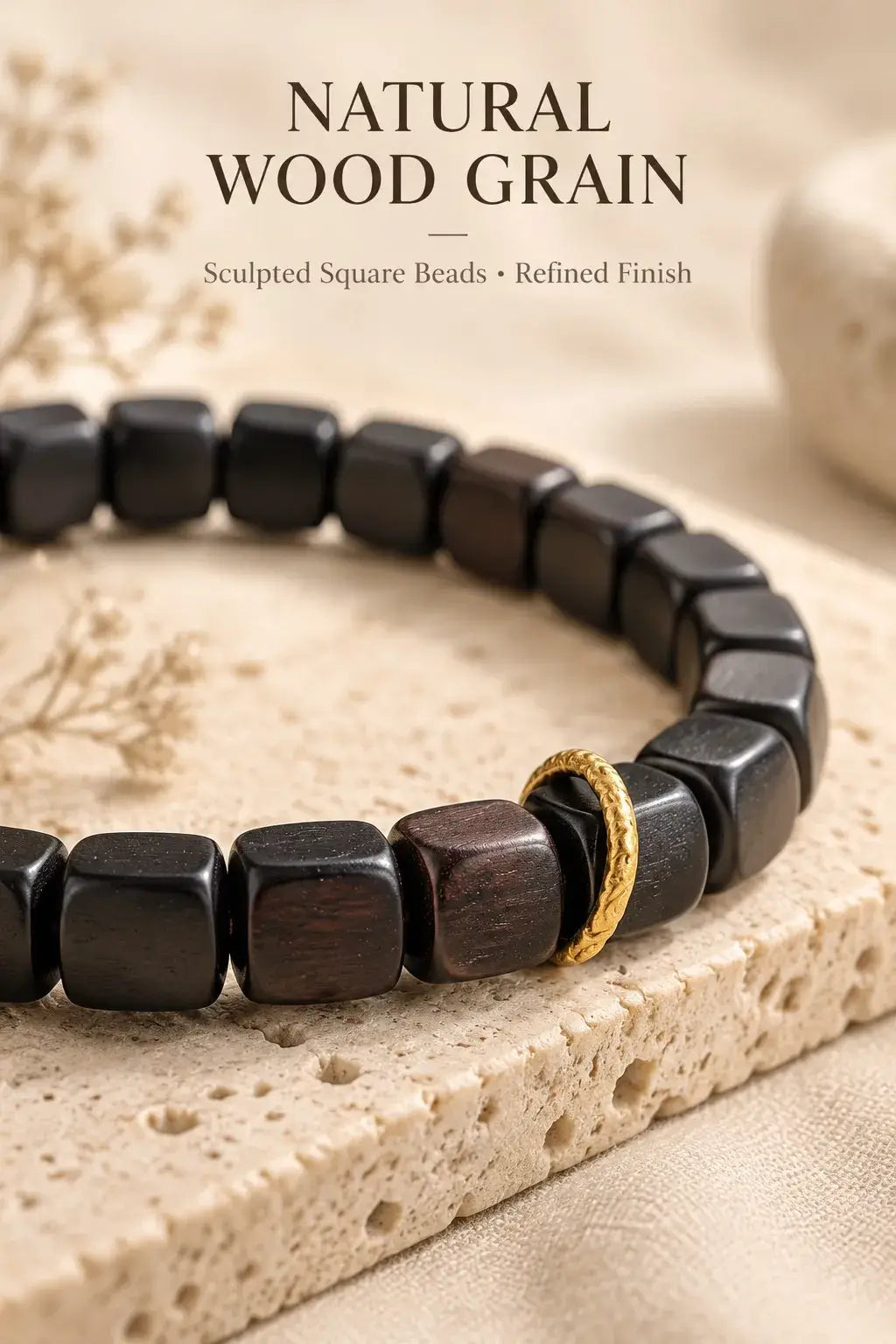 Close-up of dark ebony wood grain, softly rounded cube corners and a textured gold-tone ring