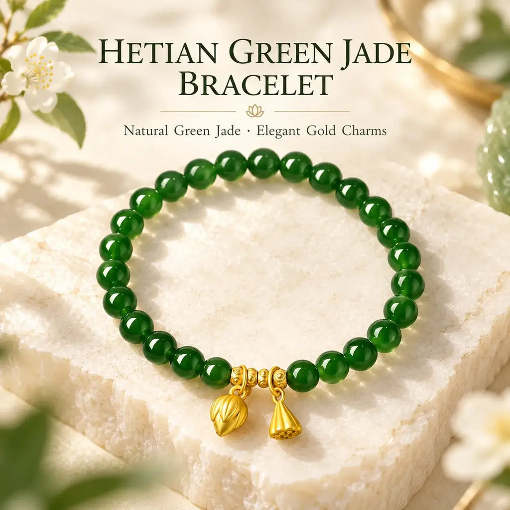 Natural green Hetian jade bracelet with gold-tone charms