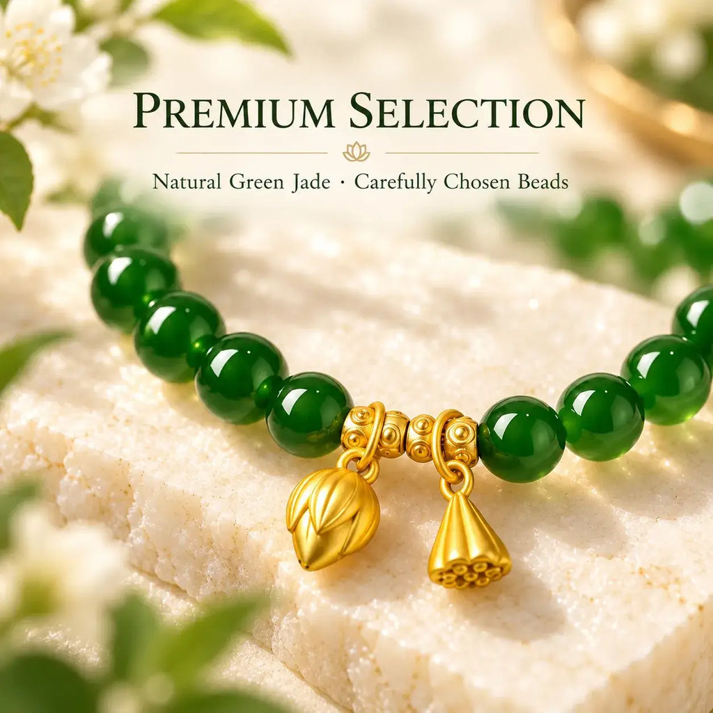 Close-up of green jade beads and gold-tone botanical charms