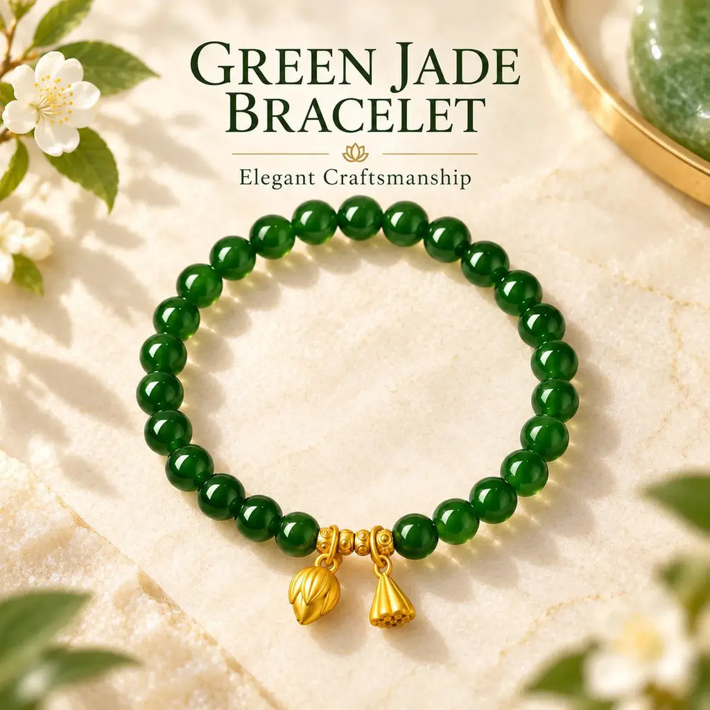 Full view of the green Hetian jade bead bracelet