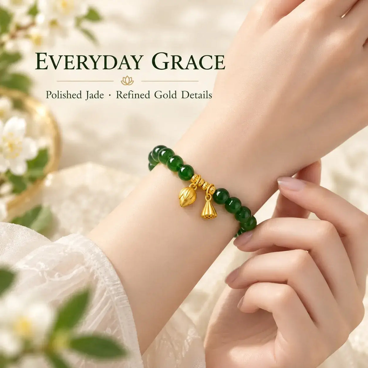 Natural green jade bracelet worn on the wrist