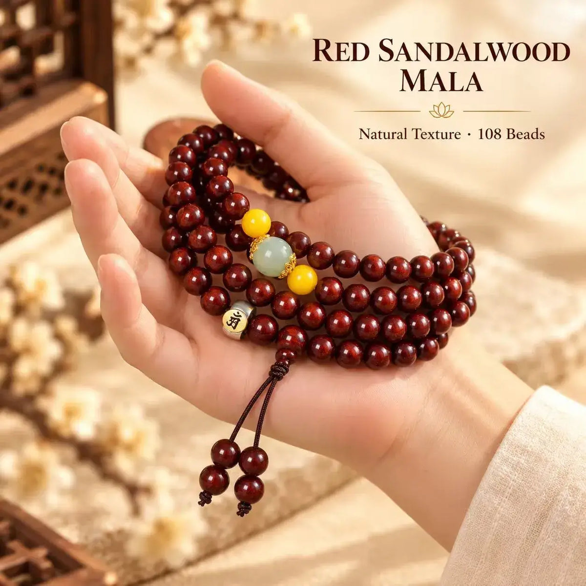 Natural red sandalwood 108 bead mala held in the hand