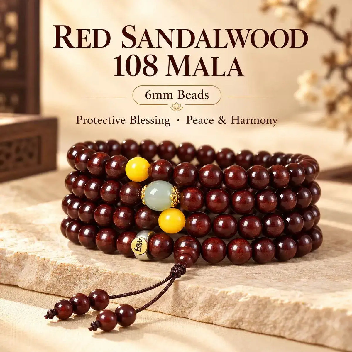 Red sandalwood mala with yellow and pale green accents
