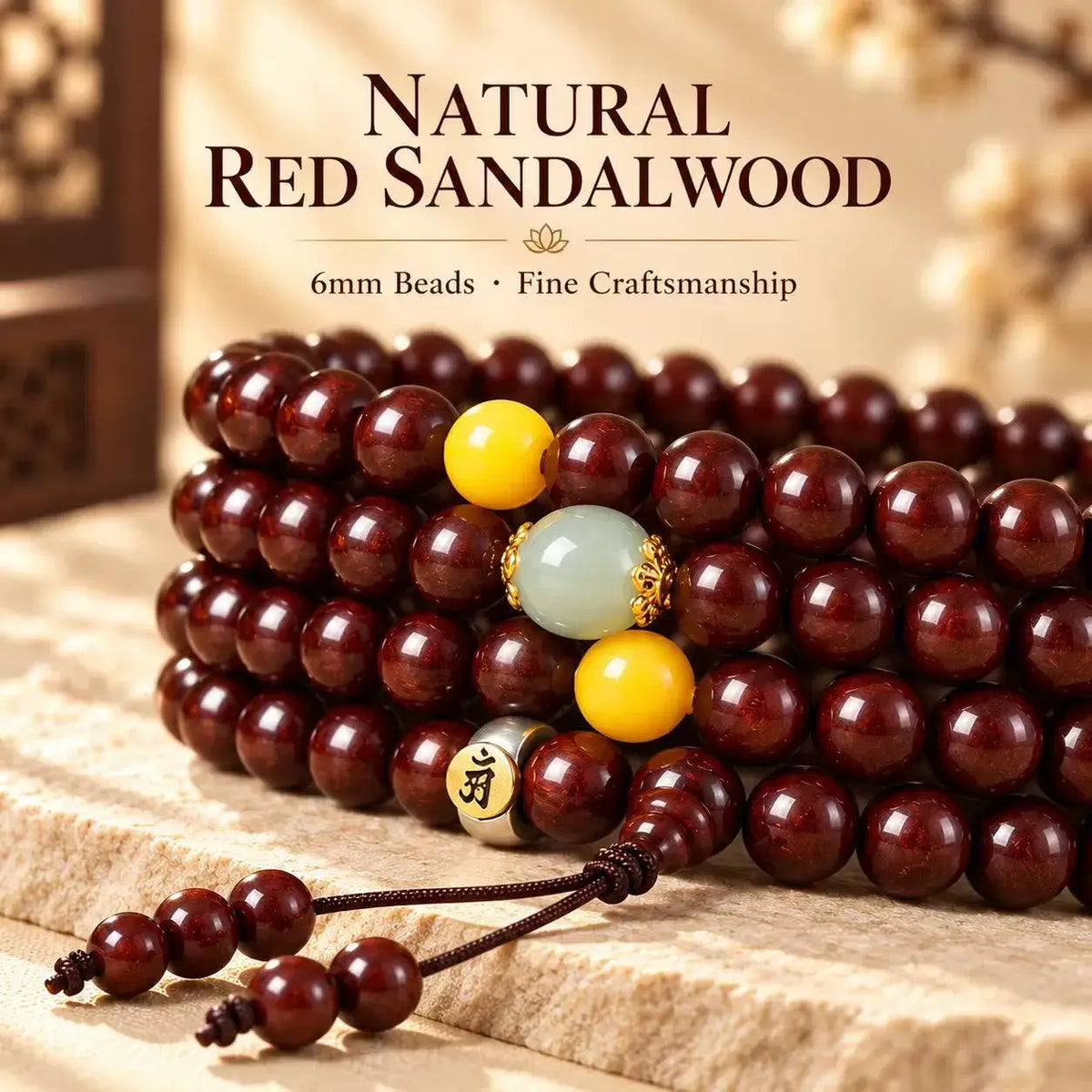 Detail of deep red wood beads and decorative accent beads