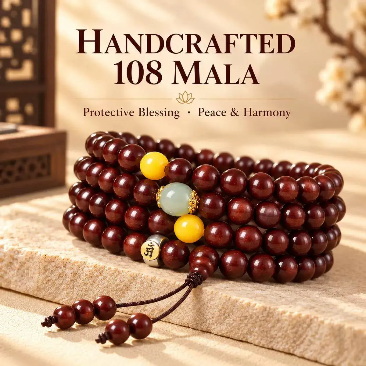 Layered view of a handcrafted red sandalwood 108 mala