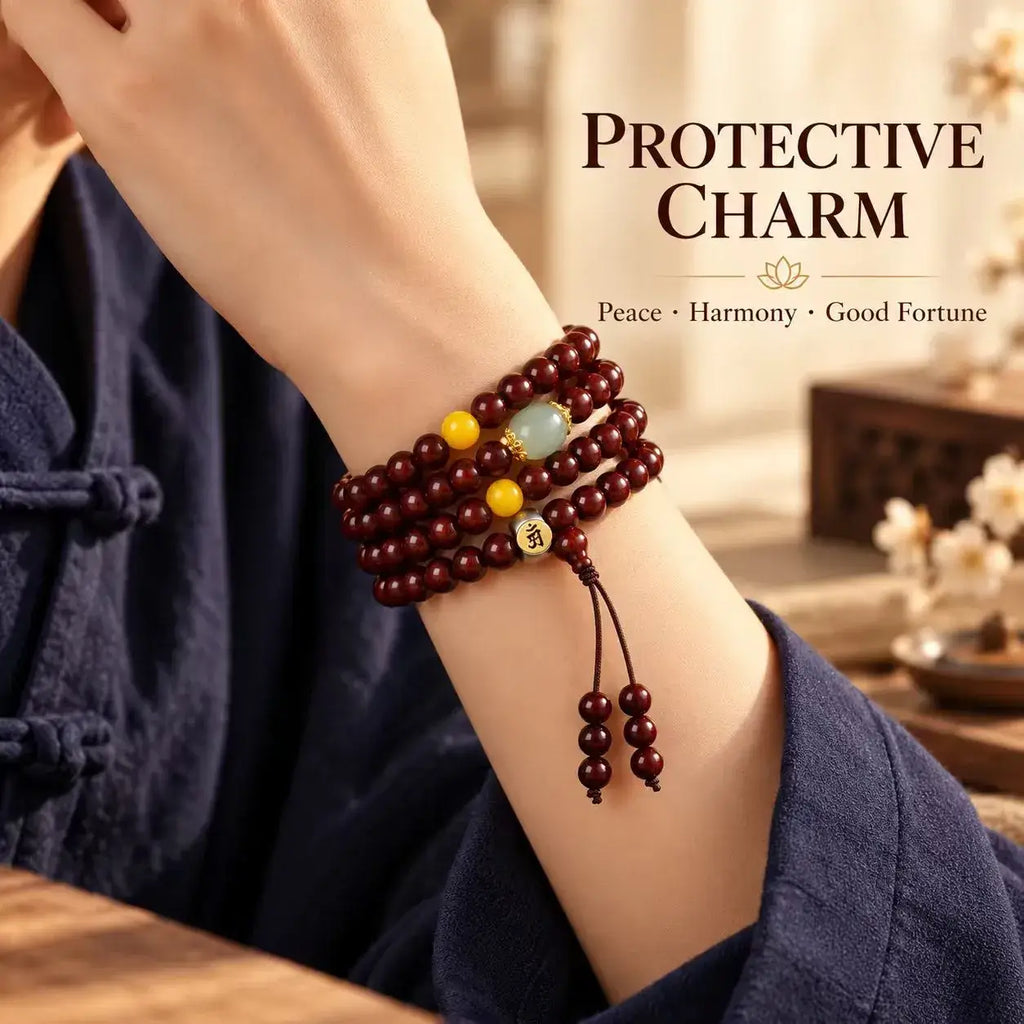 Red sandalwood mala wrapped around the wrist