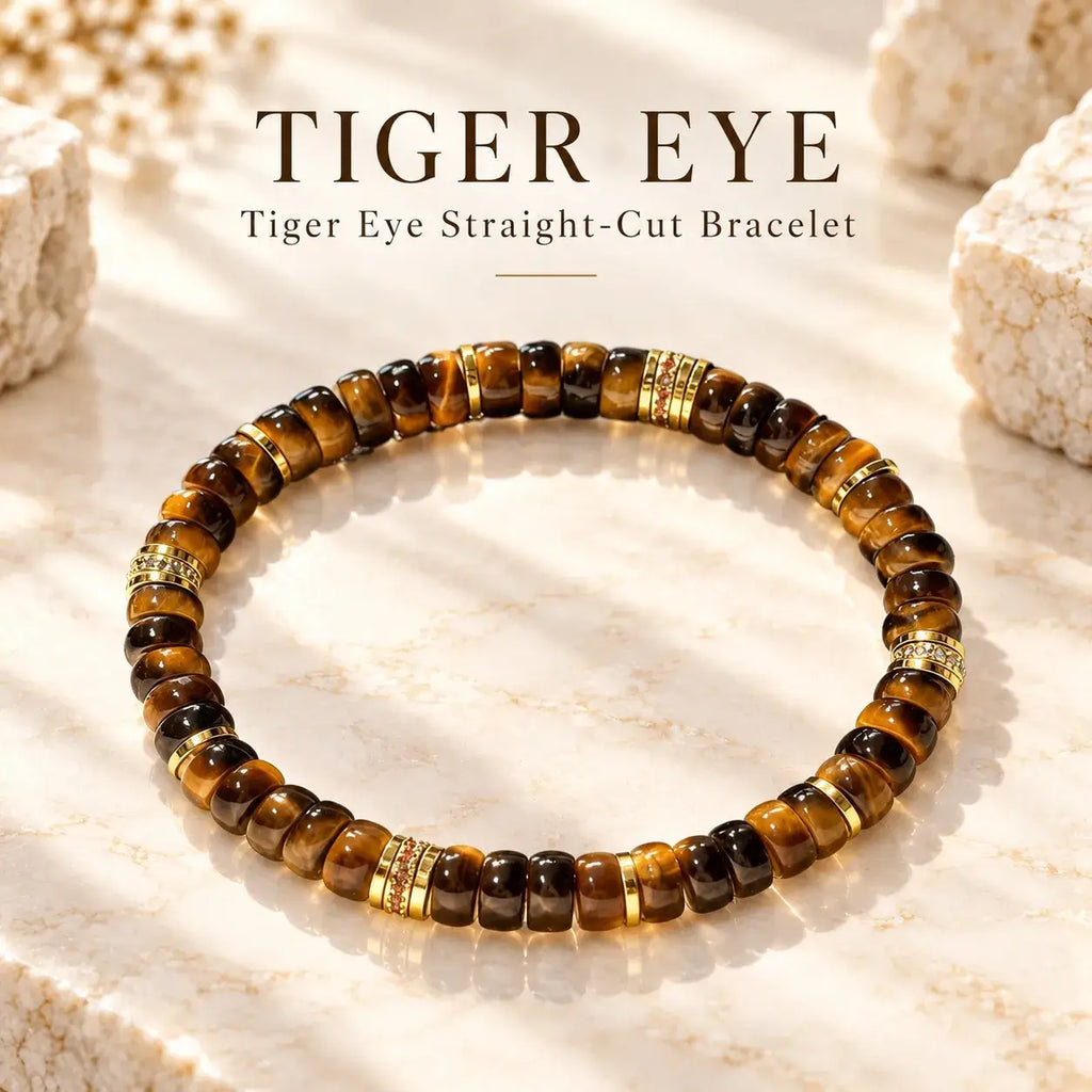 Handmade straight-cut tiger eye bracelet with golden brown bands and gold-tone spacers