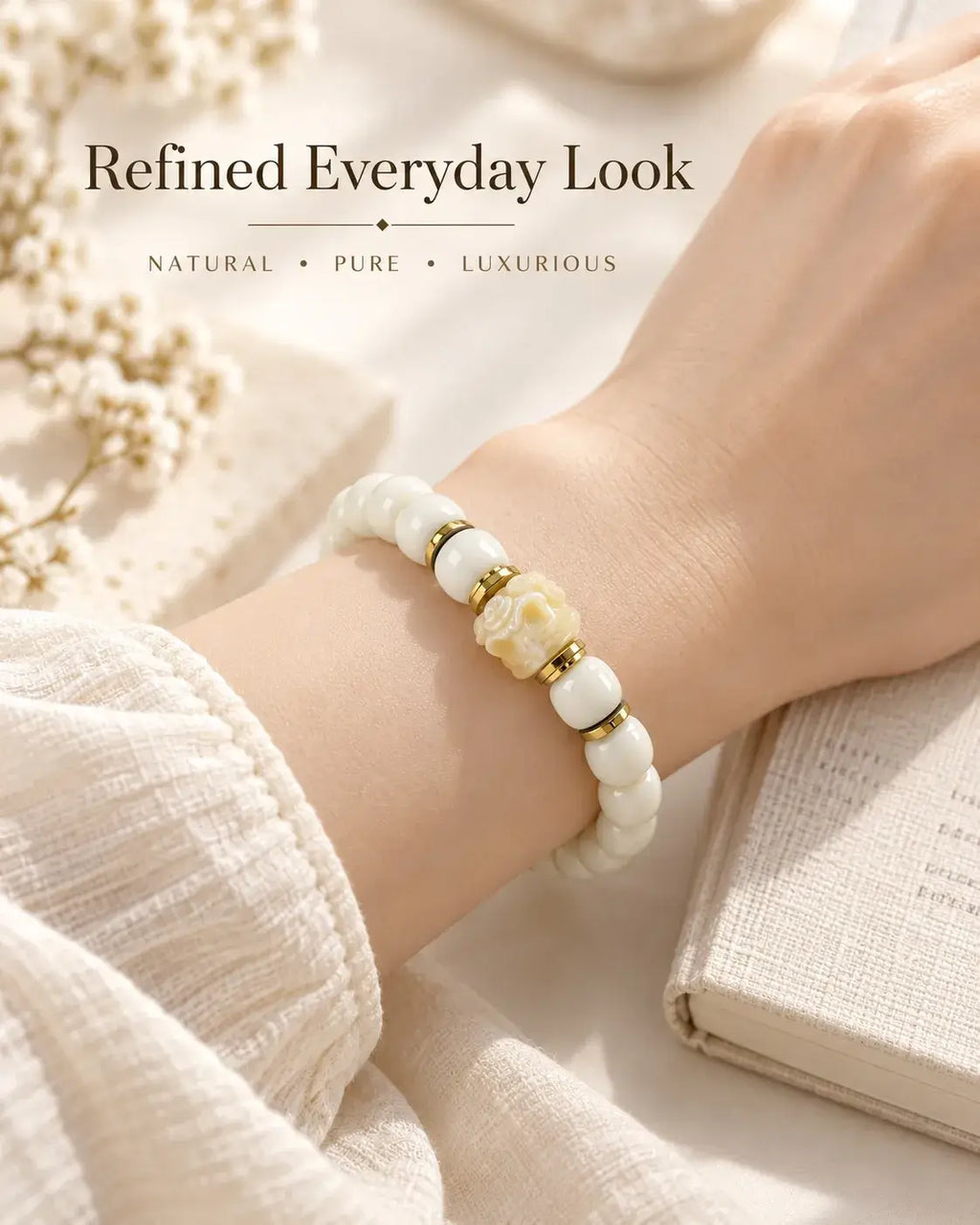 Everyday wrist styling of the ivory bodhi bracelet with a carved centerpiece and gold-tone accents